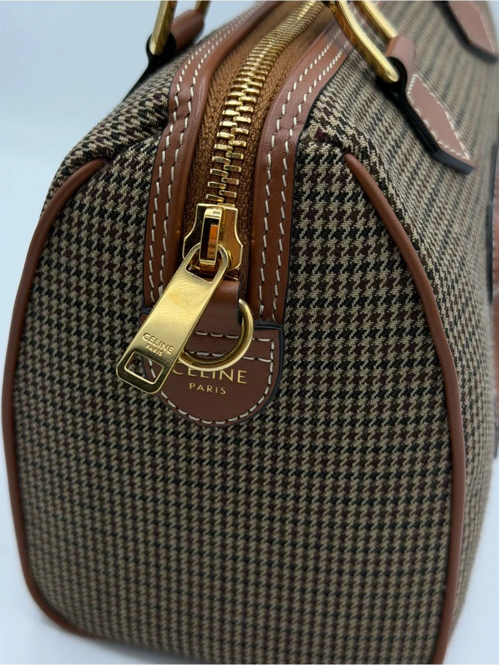 Celine Brown Houndstooth Satchel with Tan Leather Trim